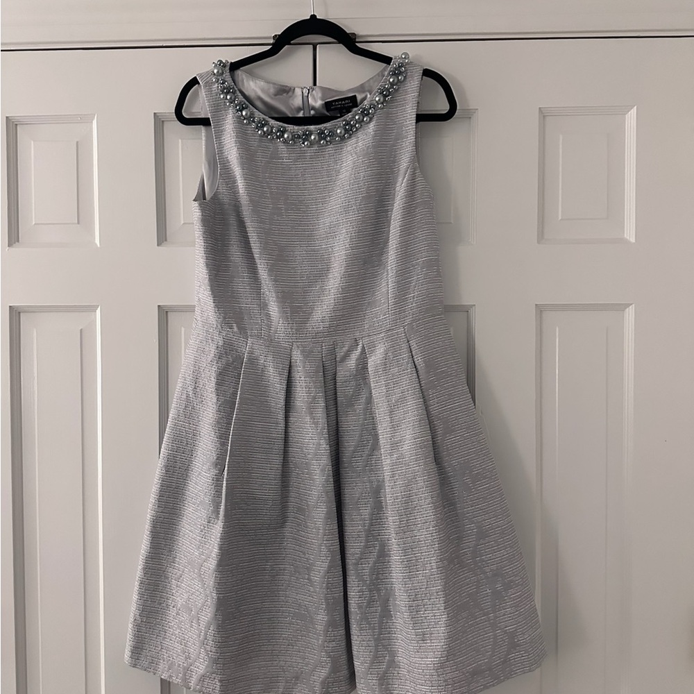 Tahari Gray Silver Embellished Pleated Fit and Flare Dress